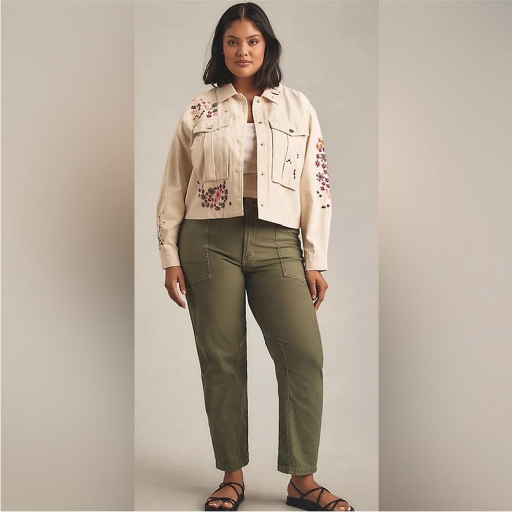 DOLAN Anthropologie Floral Embroidered cream denim jean Jacket size Large new - Picture 2 of 7